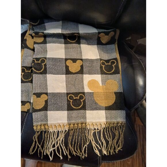 Plush Tan Black White MICKEY MOUSE Scarf Wrap Buffalo Check Long Wide - Picture 3 of 7